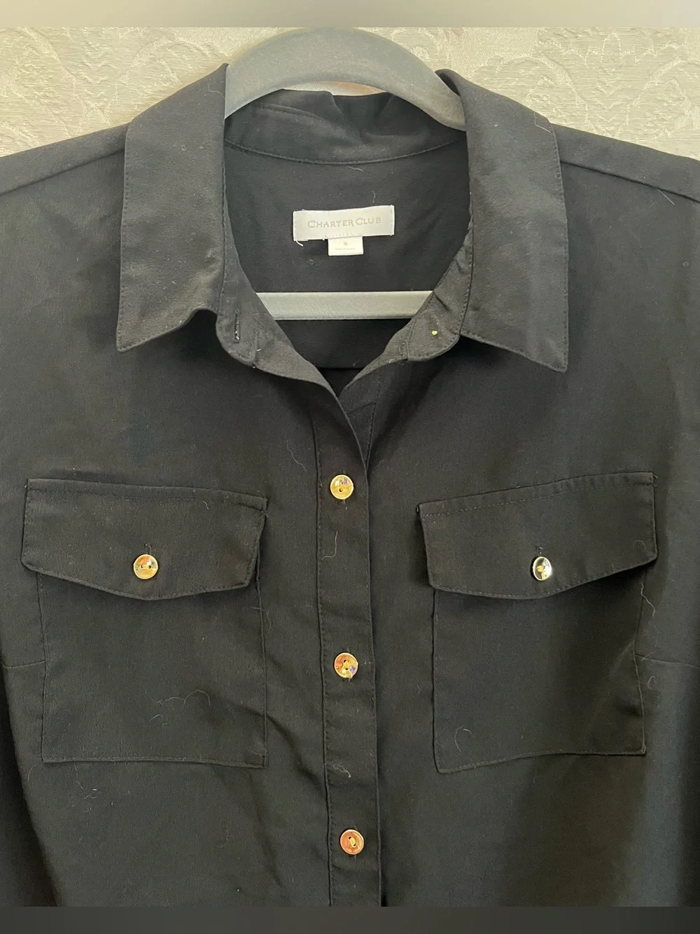 Charter Club Women’s Black Button Up Blouse Size Small GUC Roll Tab Sleeves